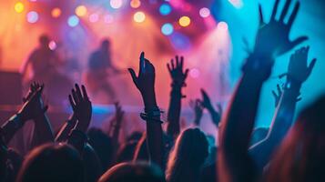 A group of concertgoers sway to the music back facing the camera their hands reaching towards the stage. The colorful lights and haze . photo