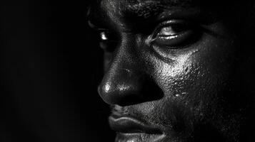 In this monochrome portrait a proud Black mans face is illuminated by a single ray of light emphasizing the deep coffee hues and warm undertones in his skin. The simplicity of the photo