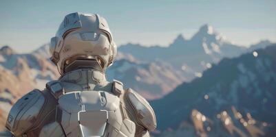 A figure in a sleek silver spacesuit gazes out towards a mesmerizing horizon of pixelated mountains their face not visible to the . photo