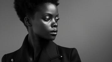 Against a monochromatic backdrop a striking black woman exudes confidence in a tailored wardrobe. The black and white tones accentuate the impeccable fit and design of her clothing photo