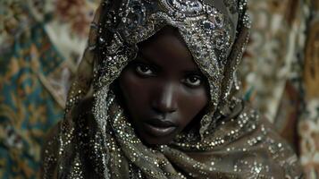 Against a vibrant backdrop of rich fabrics and ornate patterns a regal figure dons a hijab adorned with intricate silver and bronze beading. The intricate details of the hijab reflect photo