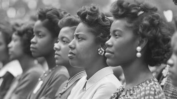 In a black and white photo a group of women stand united dressed in demure yet striking dresses accessorized with statement brooches and pearl earrings. Their collective gaze speaks