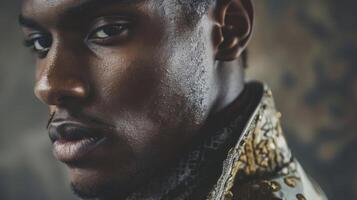 A handsome black man defies gender conventions with his stunning ensemble incorporating both traditionally masculine and feminine garments to create a unique and boundarypushing look. photo