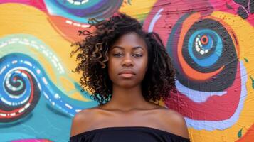 In this portrait a young woman of color stands in front of a vibrant mural filled with swirling patterns and bold colors. Her graceful stance and calm demeanor capture the fluid energy photo