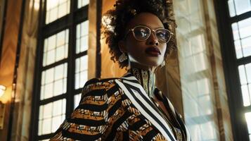 With a commanding presence a black woman stands tall in a striking Art Decoinspired suit. The sharp lines and bold color choices of her outfit exude confidence and sophistication making photo