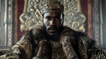 Standing against a backdrop of intricate tapestries and ornate architecture a handsome black man is dd in luxurious furs and adorned with elaborate headwear. His gaze is intense hinting photo