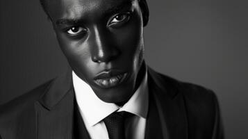 Against a stark black and white backdrop a striking black man commands attention with his suave style and impeccable grooming. The monochrome tones accentuate the rich texture of his photo