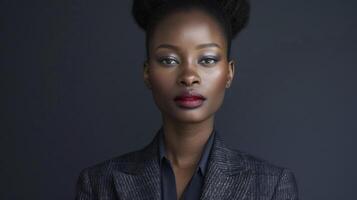 This portrait captures a black woman in a herringbone suit where the distinctive Vshape of the weave adds an eyecatching element to the overall outfit. The texture of the fabric is photo
