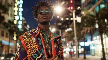 Against a backdrop of city lights a black man exudes effortless coolness in his eclectic ensemble. Mixing elements of bohemian style with bold unconventional prints and accessories photo