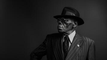 The sharp lines of a black mans tailored suit are emphasized by the dramatic lighting in this striking portrait. With a distinguished air and a suave demeanor the subject embodies photo