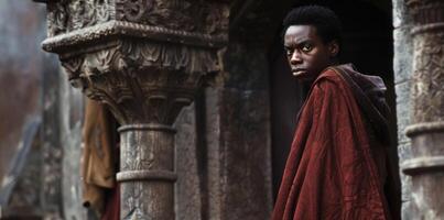 With an intense and brooding expression a black man embodies the iconic character of Romeo from the classic play Romeo and Juliet. His deep red cloak billows behind him creating a photo