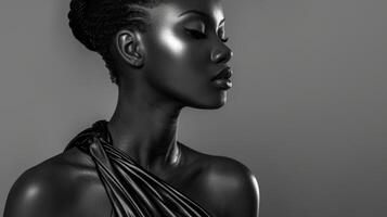 A monochromatic gray background sets the stage for a black woman wearing an edgy asymmetrical dress. The sleek and modern silhouette is further enhanced by the use of contrasting matte photo