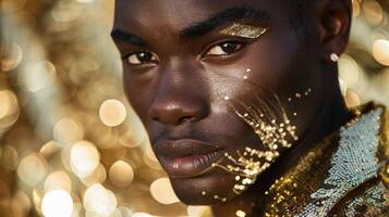 The second portrait depicts a handsome black man his strong features highlighted by the glimmering sequins of his carnival ensemble. With his head held high and a confident gaze he photo