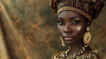 A stoic and regal black woman gazes confidently at the viewer dressed in a traditional Nubian headdress and adorned in ornate gold jewelry. The intricate patterns on her tribalinspired photo