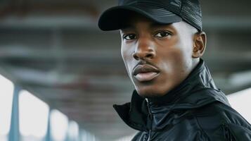 A handsome black man gazes intensely into the camera his muscular frame accentuated by a formfitting track jacket paired with designer sweatpants. His signature baseball cap adds a photo