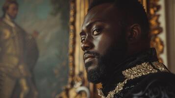 un majestuoso negro hombre miradas con confianza dentro el distancia retratar el dominante presencia y digno comportamiento de un real líder en esta retrato. foto