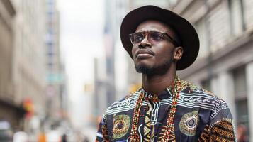 A man with a distinct Afrocentric fashion sense stands out against the gray cityscape with hints of African prints and traditional accessories adding a touch of cultural pride to his photo