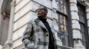 Bold and fierce a Black man embodies the essence of a modernday muse donning a chic and edgy ensemble that contrasts with the classic architecture of the background. His fierce photo