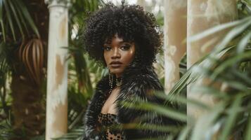 A stunning black woman poses in a vintage fur coat surrounded by lush greenery and elegant pillars. Her cascading curls and flapperinspired dress pay homage to the timeless style and photo