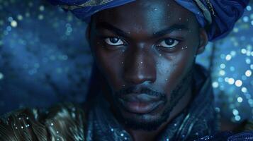 Glimmering under the soft glow of the moon a handsome black man dons a luxurious midnight blue turban and a flowing robe decorated with shimmering constellations. His piercing gaze photo