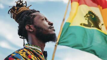 A striking black man with his locs in a bun looks towards the heavens with reverence and peace. A large colorful flag with the iconic lion of Judah hangs behind him reminding us of photo