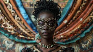 A regal black woman stands in front of a intricate backdrop her ornate mask highlighting her striking features as she exudes a powerful aura of elegance and mystery at the kaleidoscope photo
