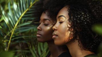 Two black women stand side by side in a tea garden their eyes closed as they take in the soothing aromas and gentle sounds of nature. The verdant backdrop reflects their inner peace photo