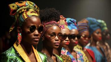 The runway is lit up with vibrant colors patterns and textures as a dazzling array of black fashion royalty take their place. Each model exudes their own unique style and personality photo