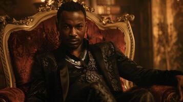 In a dimly lit room a handsome black man sits on a velvet throne wearing a tailored suit with brocade accents and a silver chain necklace. His perfectly coiffed hair and intense gaze photo