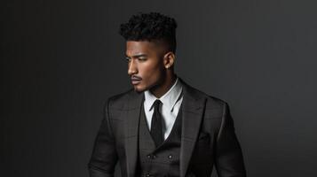 A dapper black man poses confidently in a tailored suit his impeccably styled hair and chiseled features adding to his sophisticated aura. The richness of the fabric and the intricacy photo