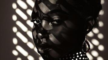 As shadows play across her face a mysterious black woman embodies the epitome of Eastern glamour with bold patterns and deep alluring eyes taking center stage. photo