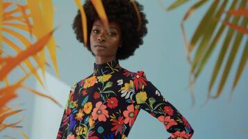 In a nod to the iconic Twiggy a black womans outfit features a playful mini dress with a bold floral print capturing the essence of retro mod style and its everlasting influence on photo