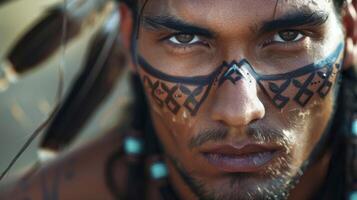 A closeup shot of a mans face painted with intricate tribal markings in earthy tones. His intense gaze and the feather in his hair convey a sense of connection to his Native American photo