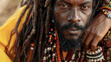 A powerful black man gazes confidently into the camera his dreadlocks adorned with vibrant beads and cowrie shells. His flowing robe and beaded armbands represent the rich history photo