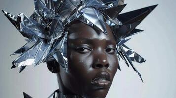 In a daring display of selfexpression the subject rocks a sculptural silver headpiece and a sleek bodysuit adorned with intricate geometric shapes. Their intense gaze and powerful photo