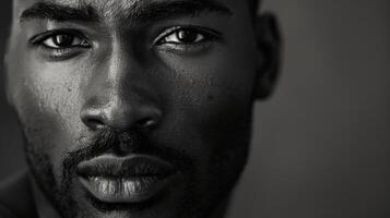 A monochrome portrait of a confident Black man his piercing gaze exuding power and determination. The lack of color in the image draws the viewers attention to the intensity of his photo
