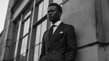 A dapper young black man poses in a sleek suit captured in a timeless monochromatic moment. The subtle use of black and white tones highlights the sharp tailoring and intricate details photo