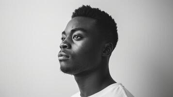 An elegant black man stands in front of a plain white backdrop his strong jawline and piercing eyes highlighted by the monochromatic palette. The simplicity of the photo adds a sense