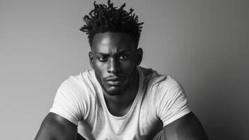 A handsome black man sits in a relaxed posture his hair styled in a neat under. The black and white tones enhance the intensity of his gaze drawing the viewer in and adding an air photo