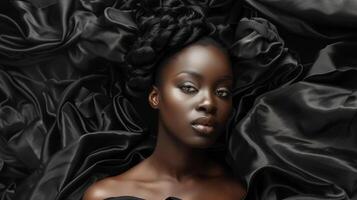 This portrait captures the essence of the Black Silk Affair a celebration of lavishness and sophistication through the lens of black identity. The subjects regal presence is enhanced photo