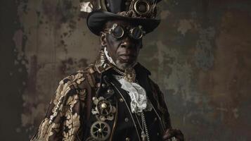 A regal black man is the subject of this portrait donning a top hat with a builtin monocle and a voluminous cape made of a mixture of lace and metal. His ensemble is complete with photo