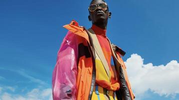 A rebellious black man stands tall in a bold fashionforward ensemble that effortlessly blends sleek athletic pieces with elements of haute couture. His fearless expression speaks to photo