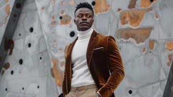 In front of a modern art installation a black man poses confidently in a fitted brown velvet blazer paired with a crisp white turtleneck. In one hand he holds a briefcase while the photo