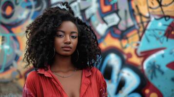 With a powerful stance and an intense gaze a black woman stands proudly in front of a backdrop of abstract graffiti and murals. Her strong presence radiates the energy and rhythm of photo