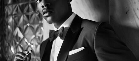 Dressed in a sleek tuxedo with a cigarette holder in hand a black man exudes the sophistication and rebellion of the Roaring Twenties. The subtle smokiness in his eyes hints at the photo