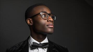 A stunning Black man poses against a black background his sharp features accentuated by a satin bow tie. But its his trendy and stylish eyewear that truly sets him apart making a bold photo