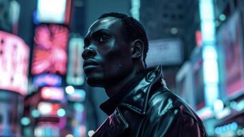 A futuristic black man stares off into the distance his sharp jawline and defined features illuminated by the neon lights of the city. His ensemble exudes confidence and boldness with photo
