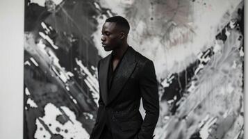 A fashionforward black man poses in a sleek and modern studio setting his silhouette blending into the grayscale artwork behind him. His ensemble is a perfect mix of black white and photo