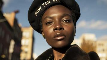 A closeup of a black woman donning a beret with the phrase Power to the People displayed prominently a nod to the Black Panthers use of fashion and language to empower and unify their photo