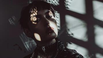 Through the expert use of lighting and shadow this image captures the essence of a nonbinary individual blurring the lines between traditional gender roles. The play between light photo
